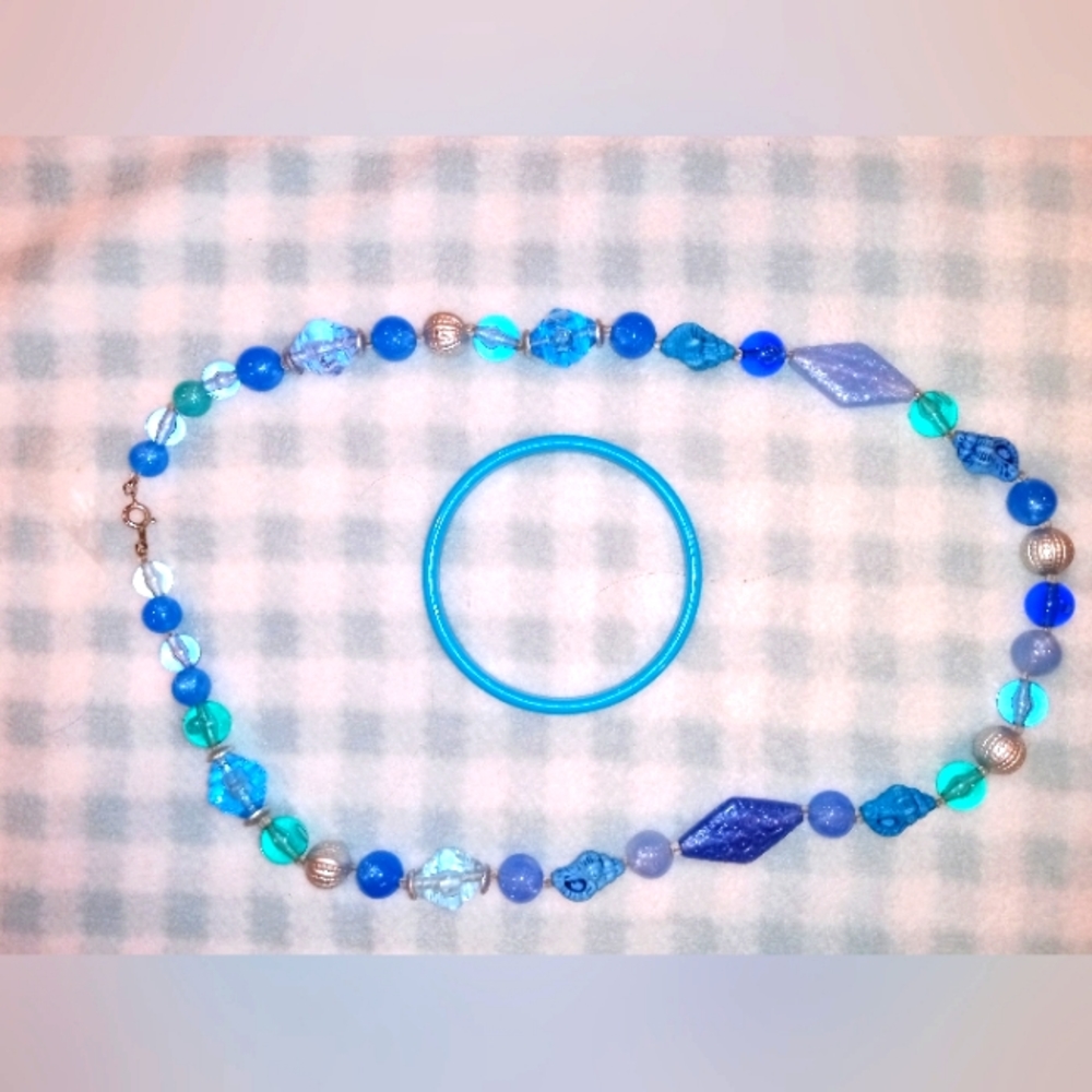 Beaded necklace and blue plastic bangle  length of necklace 24" & bracelet 2 1/2